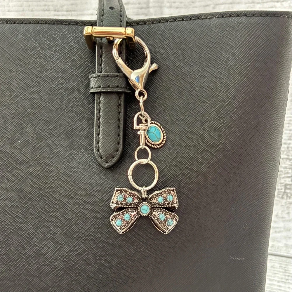Silver Turquoise Bow Keychain Purse‎ Charm Western Cowgirl Boho Bag Accessory